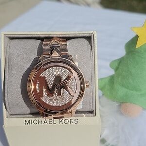 MICHAEL KORS ROSE GOLD RUNWAY MERCER RHINESTONE BEZEL 44mm QUARTZ WATCH